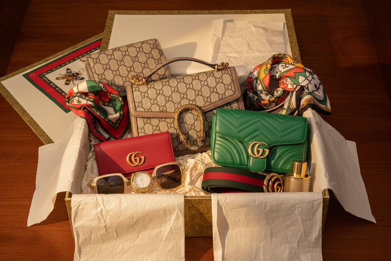 create a image with multiple gucci items at a box the picture should give luxury vube